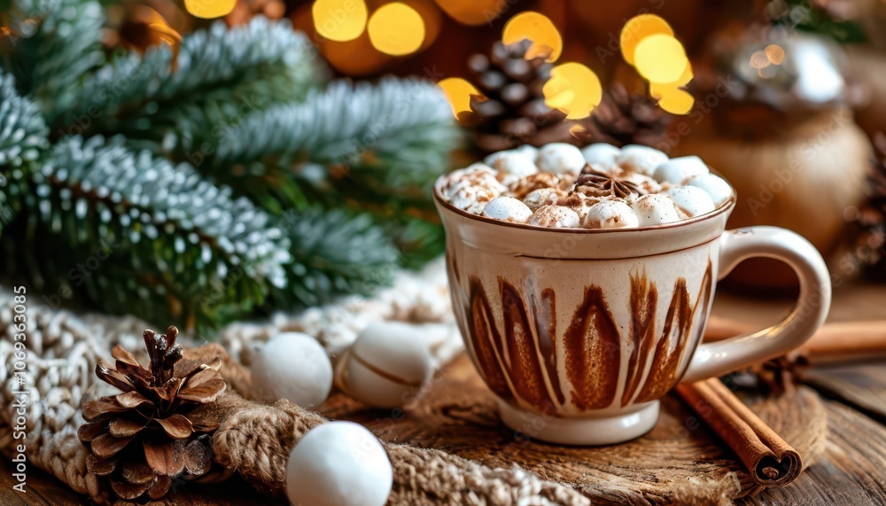 A cup of hot cocoa with marshmallow and cinnamon - cup against a background of warm plaid and fir branches, cozy winter atmosphere, Christmas. A cup of hot cocoa with marshmallow and cinnamon - cup against a background of warm plaid and fir branches, cozy winter atmosphere, Christmas.