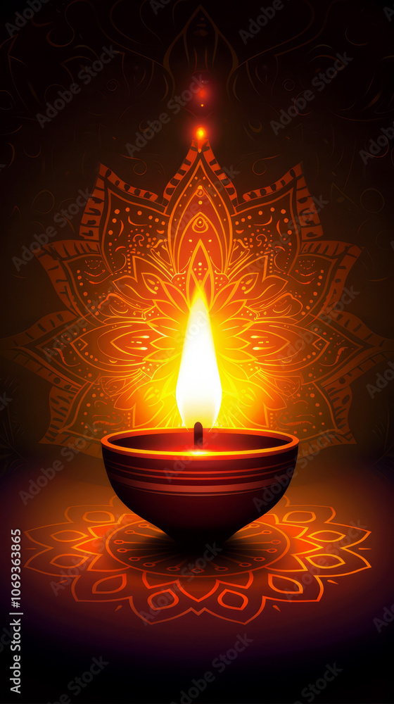 Illuminated Diwali Lamp on Floral Mandala Design Background, Vertical Illuminated Diwali Lamp on Floral Mandala Design Background, Vertical
