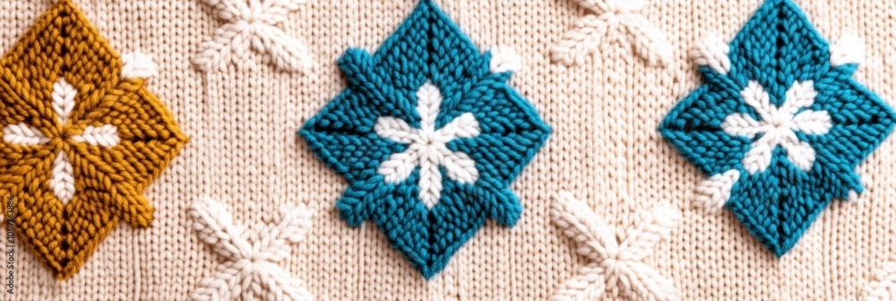 Cozy Scandinavian knitted pattern with geometric snowflakes in earthy colors for winter decoration Cozy Scandinavian knitted pattern with geometric snowflakes in earthy colors for winter decoration