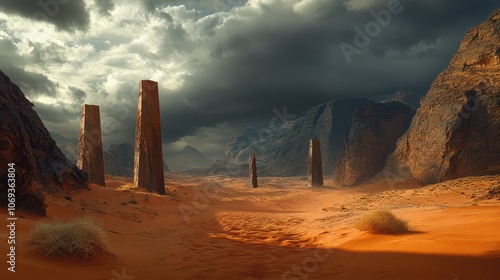 Dramatic Desert Monoliths: Towering Sandstone Formations Understorm Clouds, Highlighting Detailed Weathering and Natural Framing in National Geographic Style. photo