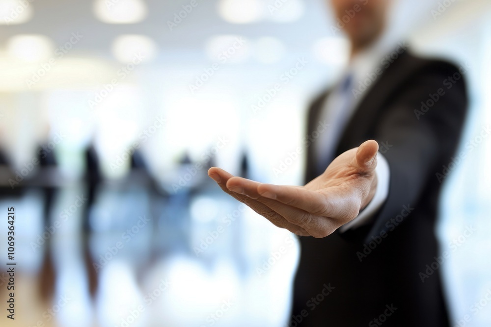 Business professional extending a hand as an invitation to join a corporate training session. Business professional extending a hand as an invitation to join a corporate training session.