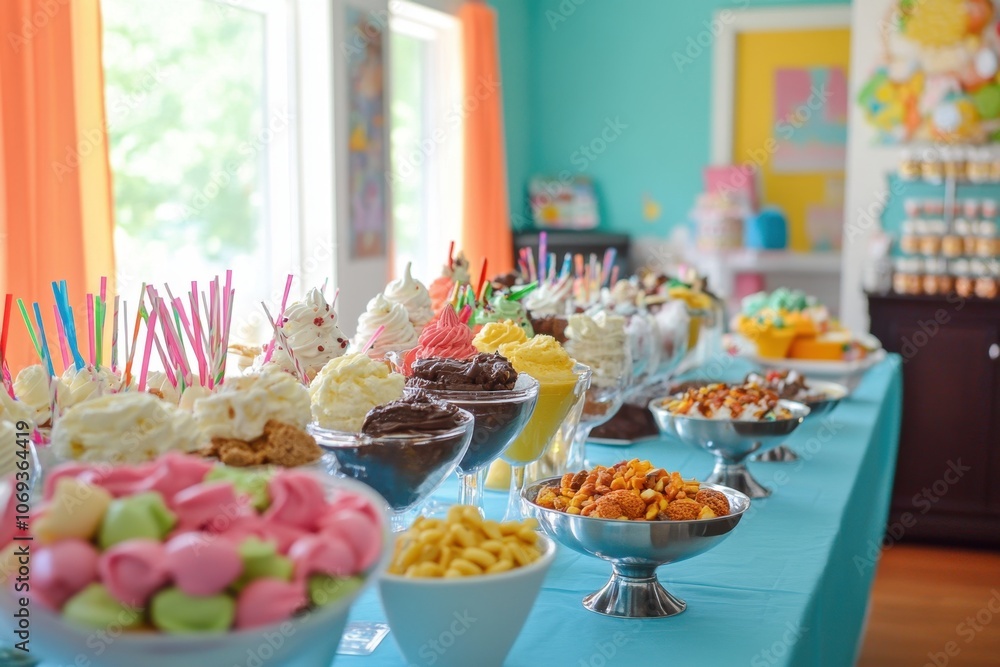 A kids birthday party with an ice cream sundae bar, complete with all kinds of toppings and syrups A kids birthday party with an ice cream sundae bar, complete with all kinds of toppings and syrups