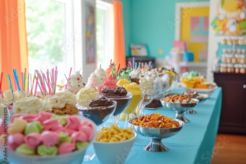 A kids birthday party with an ice cream sundae bar, complete with all kinds of toppings and syrups