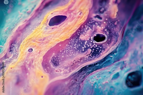 A microscopic view of a liquid substance with tiny molecules and bubbles photo