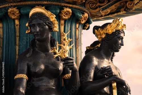 Fontaine des Mers sur la place de la Concorde à Paris, avec effet de lumière chaude