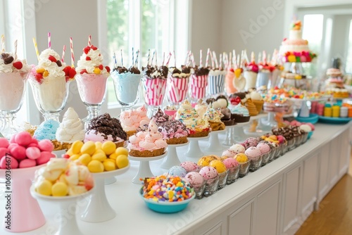 A kids birthday party with an ice cream sundae bar, complete with all kinds of toppings and syrups