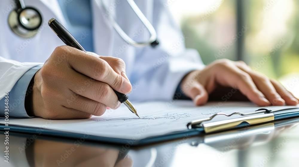 Medical Professional Writing Notes in a Modern Office Setting with Natural Light and Focused Attention Medical Professional Writing Notes in a Modern Office Setting with Natural Light and Focused Attention