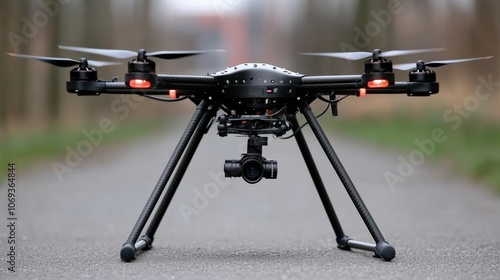 Professional black drone ready for surveillance on a road
