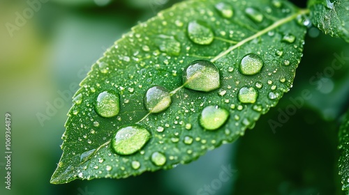 Fresh rain droplets glisten on a green leaf in a serene natural setting after a gentle summer shower