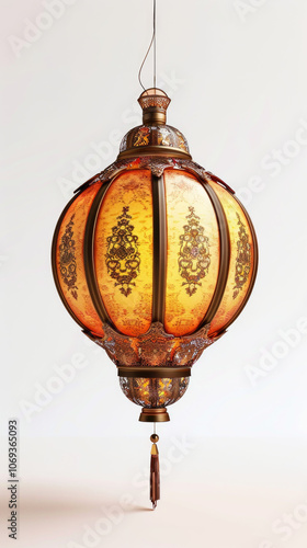 Traditional lantern with warm golden glow, intricate patterns, and an antique look, evoking an oriental atmosphere and cultural heritage photo