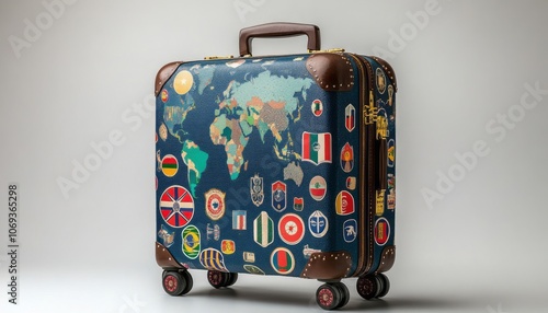 Vintage suitcase covered in travel stickers showcasing world maps and different countries