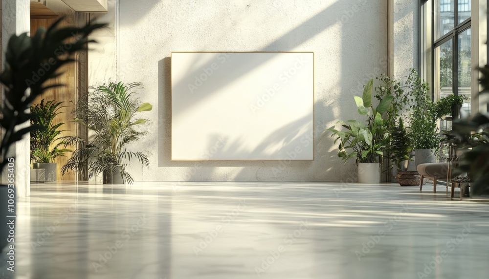 Modern art gallery interior with blank canvas and lush greenery in natural light Modern art gallery interior with blank canvas and lush greenery in natural light