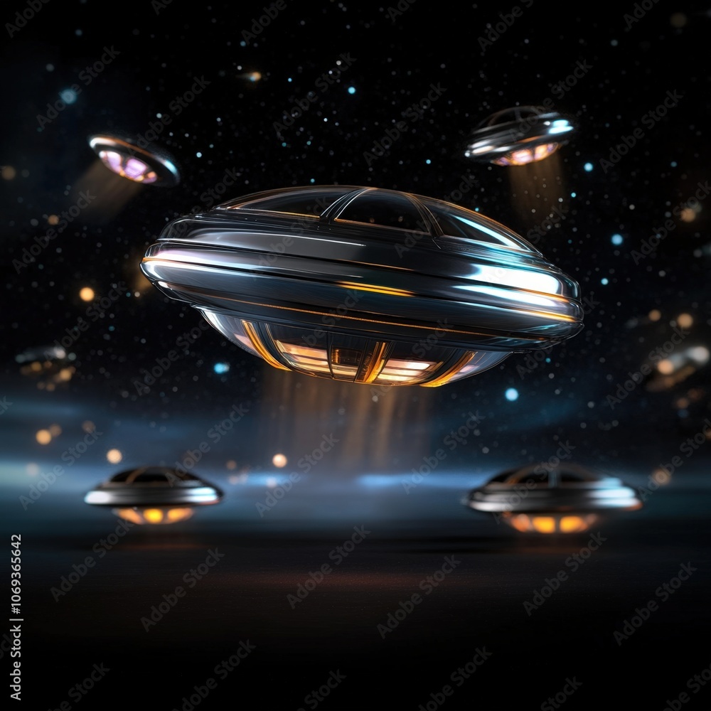A futuristic scene featuring metallic flying saucers hovering in a starry space sky, This image can be used for sci-fi themes, illustrations, or media projects relating to extraterrestrial life, A futuristic scene featuring metallic flying saucers hovering in a starry space sky, This image can be used for sci-fi themes, illustrations, or media projects relating to extraterrestrial life,