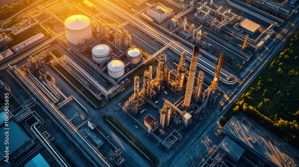 Aerial view of an industrial refinery at sunset, showcasing various structures and storage tanks in a sprawling layout. Aerial view of an industrial refinery at sunset, showcasing various structures and storage tanks in a sprawling layout.