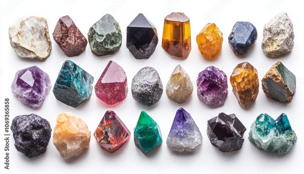 A vibrant collection of various gemstones and crystals displayed on a white surface A vibrant collection of various gemstones and crystals displayed on a white surface