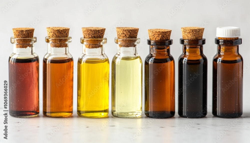 Assorted essential oils in glass bottles on a neutral background in natural lighting Assorted essential oils in glass bottles on a neutral background in natural lighting