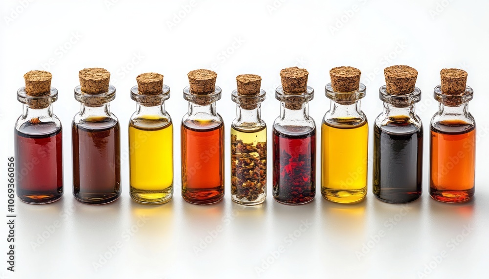 Colorful variety of glass bottles filled with different types of oils on a white background Colorful variety of glass bottles filled with different types of oils on a white background