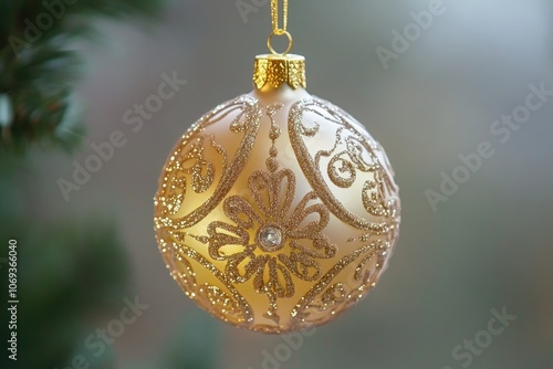 A golden ornament hangs from a festive Christmas tree photo