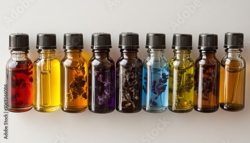 A collection of colorful essential oil bottles arranged in a neat row on a white surface