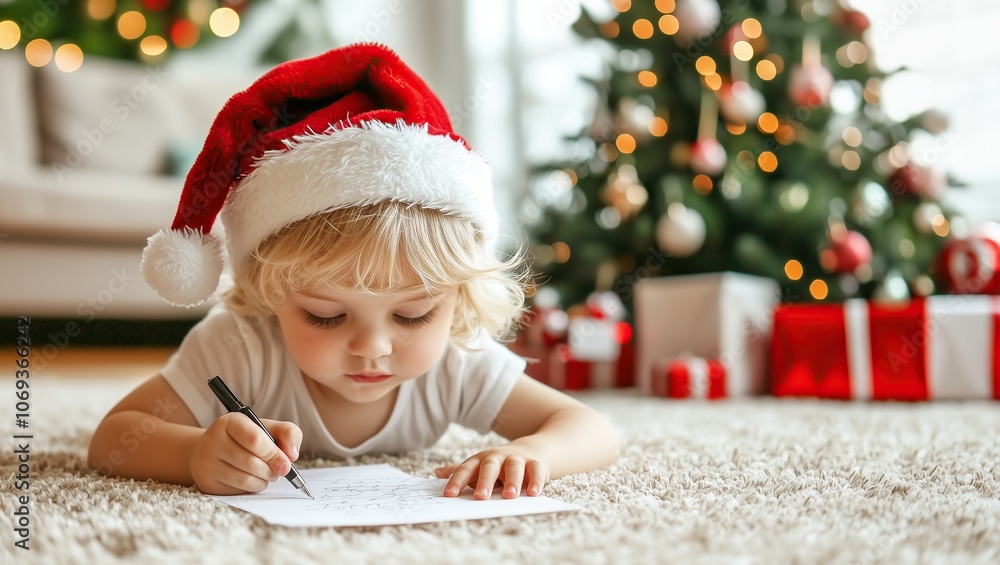 A young blonde boy in a Christmas hat lying on a cozy carpet, writing a heartfelt letter to Santa Claus. Ideal for holiday greeting cards and e-cards. A young blonde boy in a Christmas hat lying on a cozy carpet, writing a heartfelt letter to Santa Claus. Ideal for holiday greeting cards and e-cards.