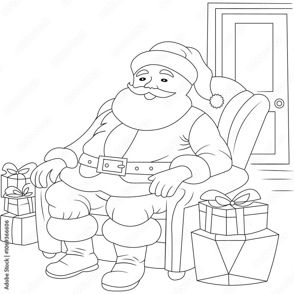 Cute Santa with Christmas Gift Box Outline Coloring Page, Christmas and Winter Illustration Cute Santa with Christmas Gift Box Outline Coloring Page, Christmas and Winter Illustration