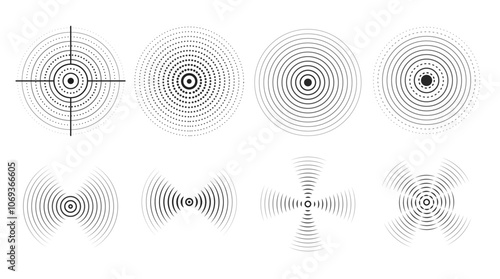 Set of black rings with sound waves, interrupted lines and dots. Rings with radial lines. Radar icon, targets, epicenter. Vector concentric vortex circles.