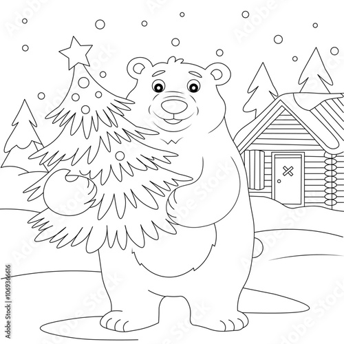 Cute Bear Outline Coloring Page, Christmas and Winter Illustration