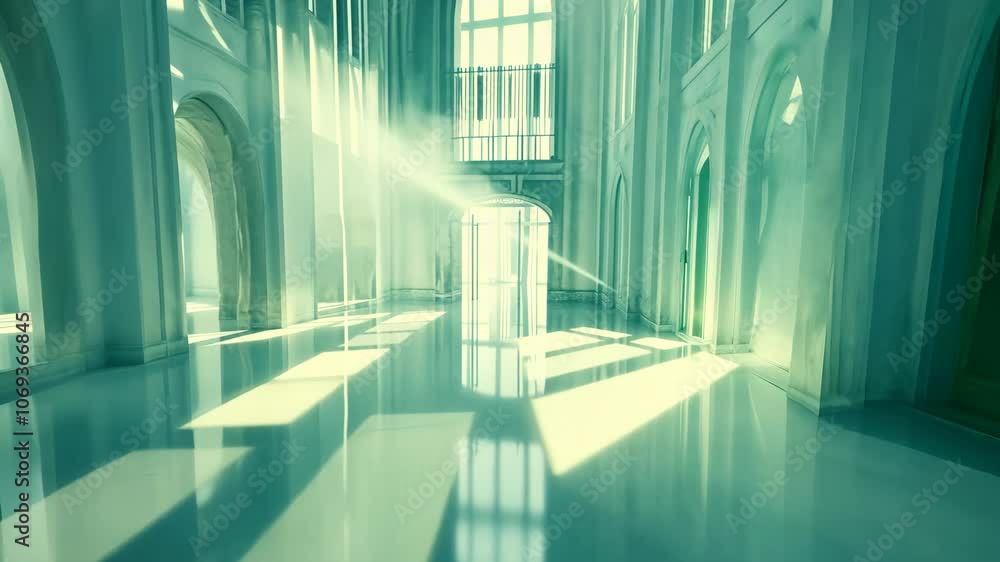Sunlight streams through the windows of a large, empty hall, illuminating the polished floor Sunlight streams through the windows of a large, empty hall, illuminating the polished floor