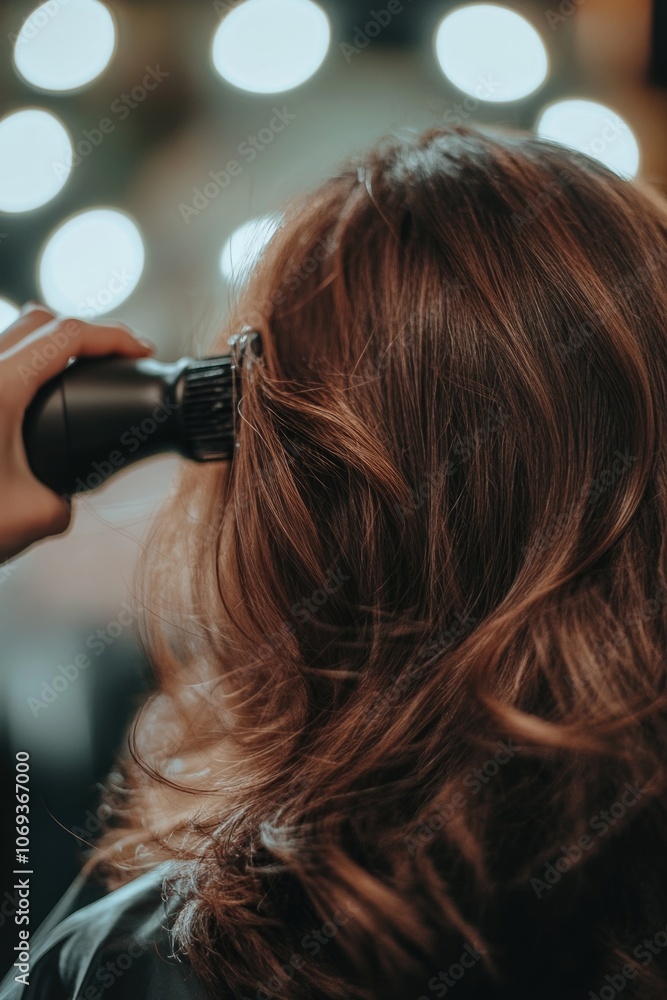 Naklejka premium A person styling their hair using a blow dryer