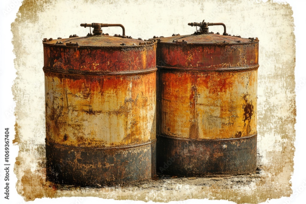 Two old industrial tanks, possibly abandoned or retired from service Two old industrial tanks, possibly abandoned or retired from service