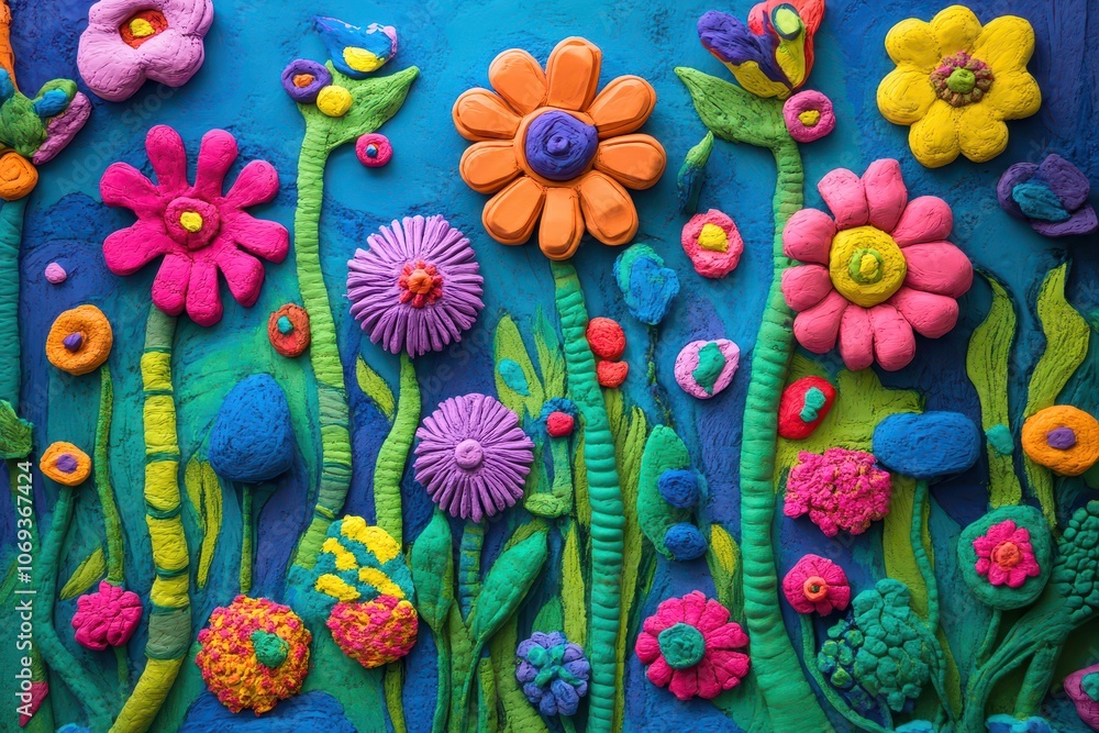 whimsical Plasticine garden with vibrant, textured flowers and creatures,radiating childlike wonder.AI Generation whimsical Plasticine garden with vibrant, textured flowers and creatures,radiating childlike wonder.AI Generation