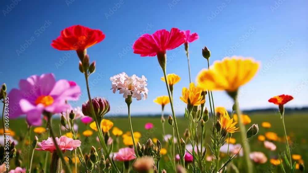 Vibrant wildflowers showcase a variety of colors beneath a clear blue sky, highlighting the beauty of spring in full bloom. Vibrant wildflowers showcase a variety of colors beneath a clear blue sky, highlighting the beauty of spring in full bloom.