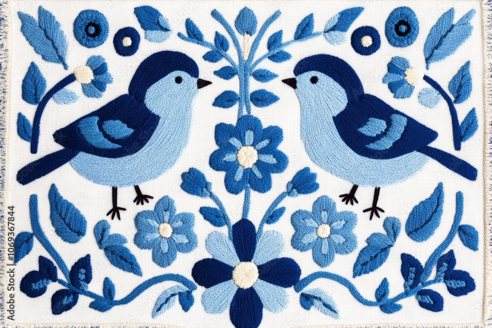 Scandinavian winter embroidery pattern featuring blue birds and floral motifs in a symmetrical folk design Scandinavian winter embroidery pattern featuring blue birds and floral motifs in a symmetrical folk design