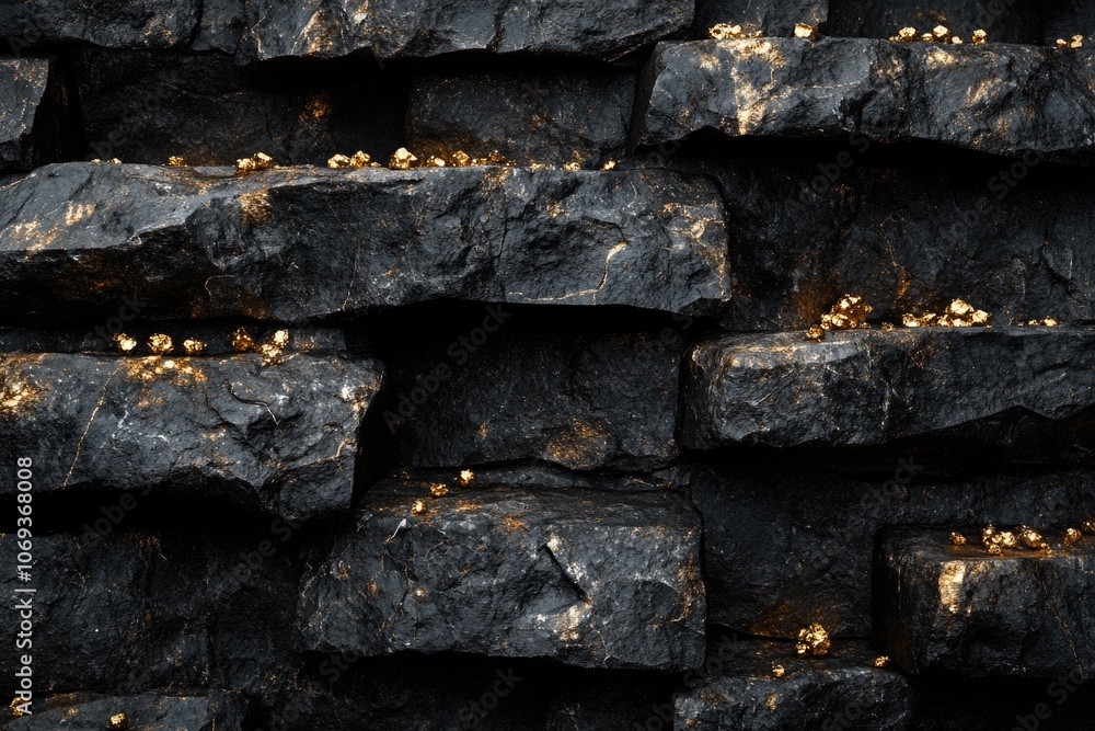 A pile of dark rocks with golden highlights, perfect for decorative or abstract use A pile of dark rocks with golden highlights, perfect for decorative or abstract use