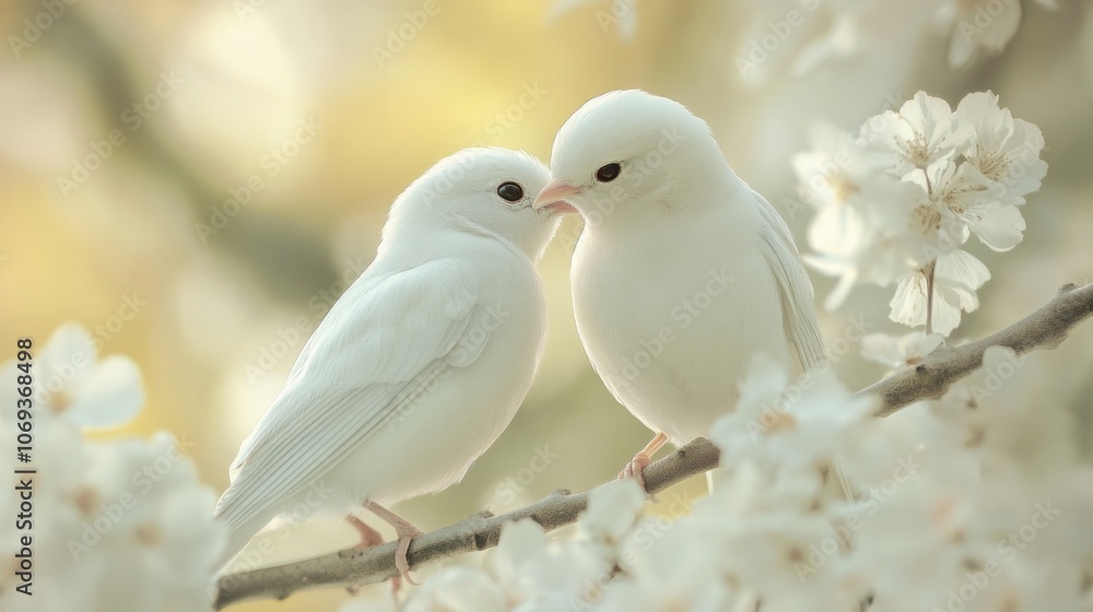 Two white birds perched on top of a tree branch, natural habitat Two white birds perched on top of a tree branch, natural habitat