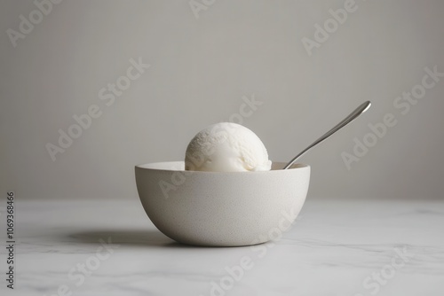 A minimalist shot of a single vanilla ice cream scoop in a plain white bowl with a silver spoon. 