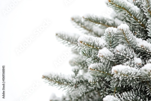 A close-up shot of a pine tree fully covered in snow, ideal for winter-themed designs and decorations