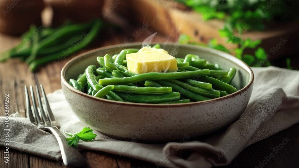 Zooming in on a Bowl of Green Beans with Butter on a Rustic Wooden Table Zooming in on a Bowl of Green Beans with Butter on a Rustic Wooden Table