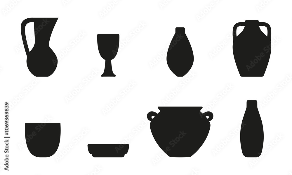 Set of Silhouettes of Jugs, pots and dishes. Black full Icons of Pottery. Amphora. Ceramics - craft with clay. Vase, cup and bowl. Plate, glass. Vessel with handle. Isolated. Vector illustration. Set of Silhouettes of Jugs, pots and dishes. Black full Icons of Pottery. Amphora. Ceramics - craft with clay. Vase, cup and bowl. Plate, glass. Vessel with handle. Isolated. Vector illustration.