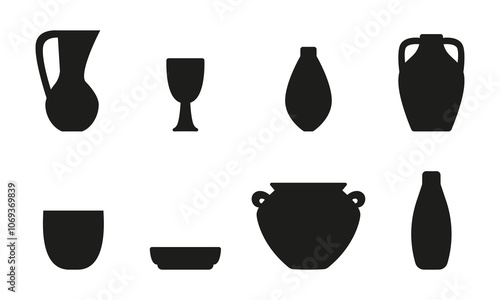 Set of Silhouettes of Jugs, pots and dishes. Black full Icons of Pottery. Amphora. Ceramics - craft with clay. Vase, cup and bowl. Plate, glass. Vessel with handle. Isolated. Vector illustration.