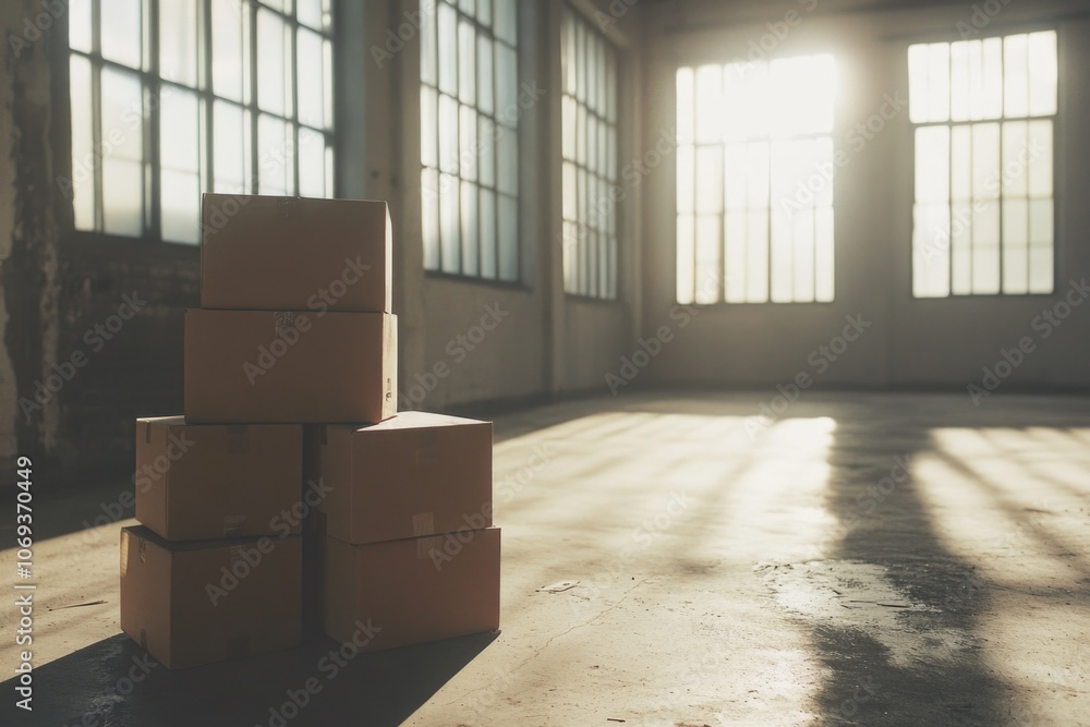 Empty room with cardboard boxes stacked up Empty room with cardboard boxes stacked up