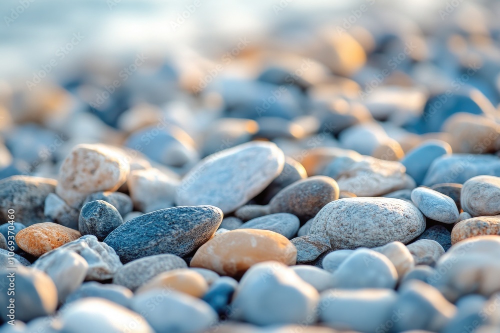 A collection of rocks sits atop the sandy shoreline A collection of rocks sits atop the sandy shoreline