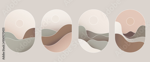 A collection of oval shapes reminiscent of natural landscapes with soft pastel shades. Creates an atmosphere of calm and relaxation.