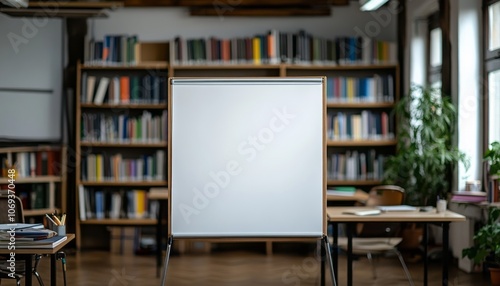 Empty whiteboard in a library setting with shelves of books in the background