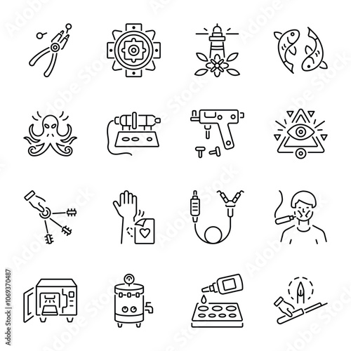 Collection of Linear Style Tattoo Tools Icons 