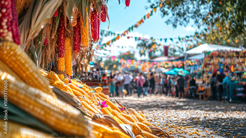 A festive corn festival featuring a corn shucking contest surrounded by colorful decorations and activities. photo