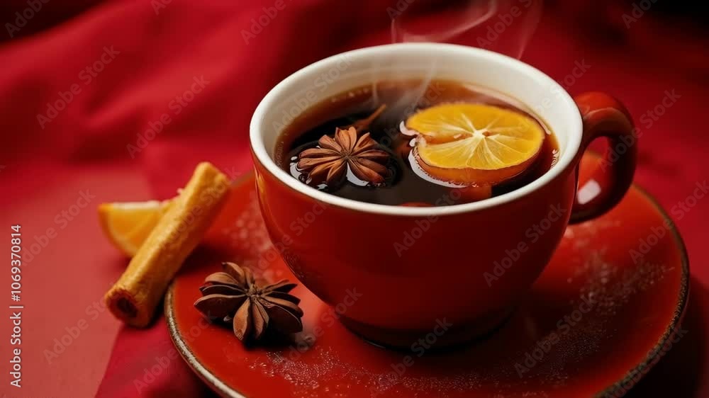Aromatic hot mulled wine in glass cap with spices and citrus fruit on red background. Cozy winter drink. Concept of festive atmosphere and winter mood. Traditional festive Christmas drink Aromatic hot mulled wine in glass cap with spices and citrus fruit on red background. Cozy winter drink. Concept of festive atmosphere and winter mood. Traditional festive Christmas drink