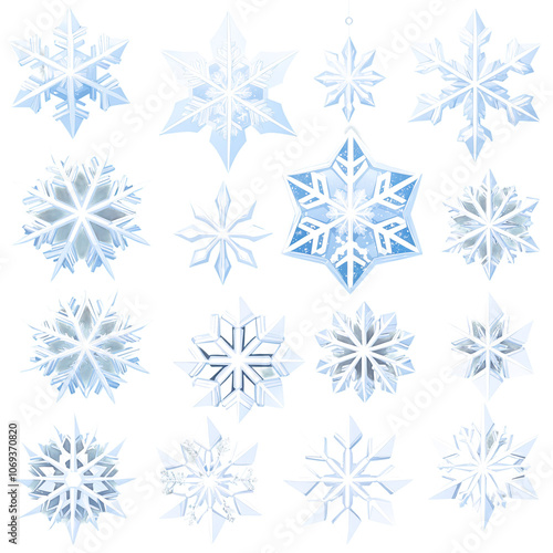 Blue snowflake ornaments on a transparent background