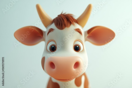 A close-up shot of a toy cow with large, expressive eyes