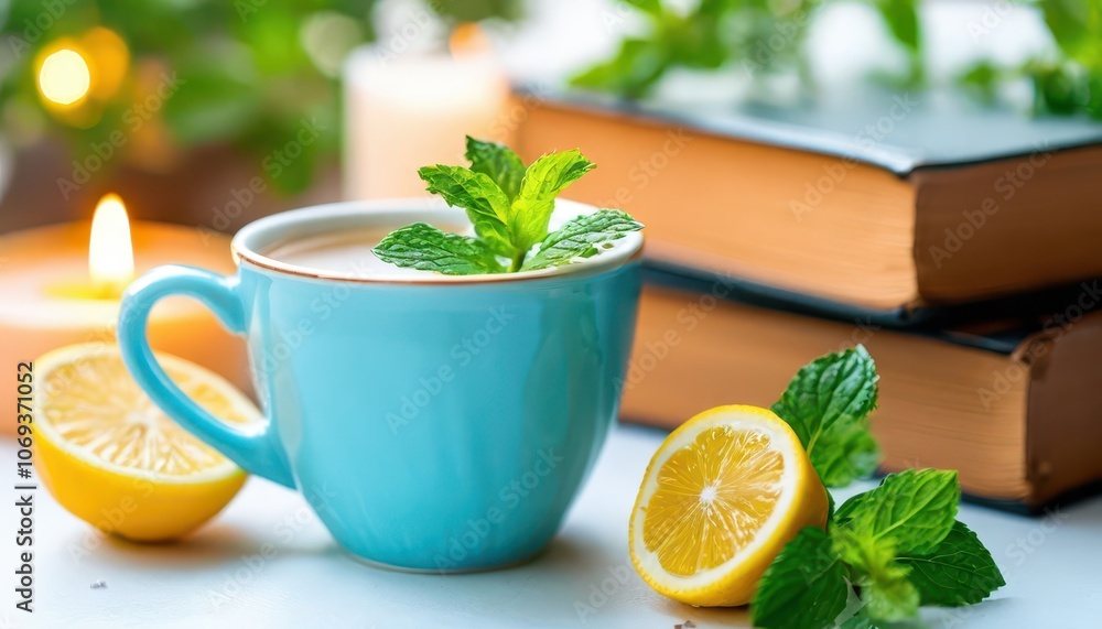 Light blue tea cup with lemon and sprig of mint - tea on white background with book and candle in background. Light blue tea cup with lemon and sprig of mint - tea on white background with book and candle in background.